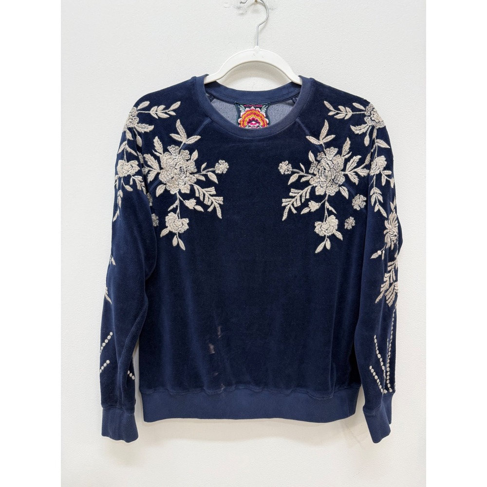 Johnny Was Velvet Sweatshirt S Navy Floral Embroidered Velour Flawed
